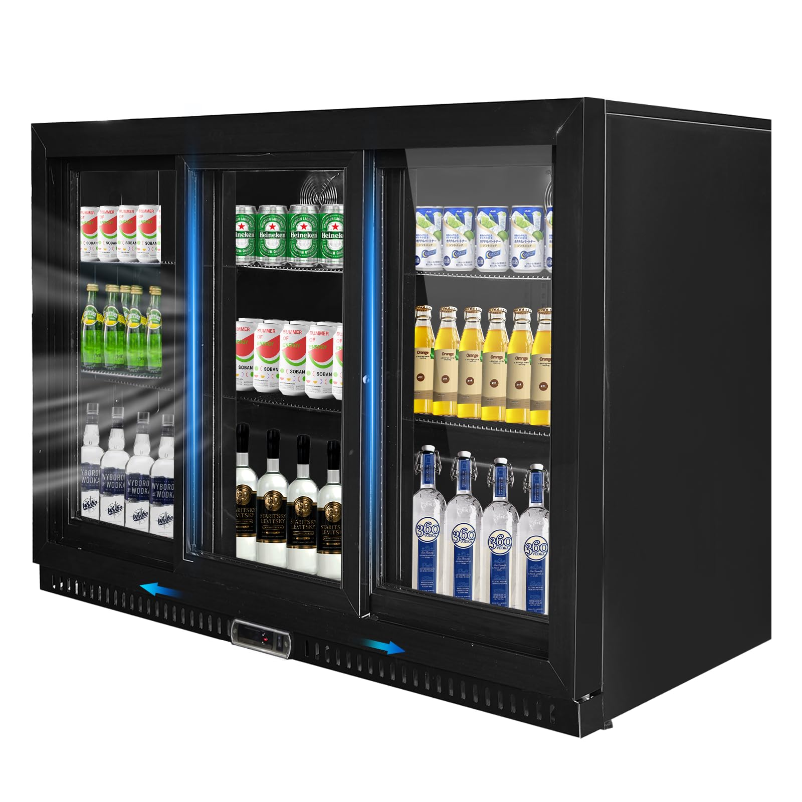 Bluelinecool Back Bar Cooler with 3 Glass Sliding Doors, Under Counter Beverage Refrigerator, 11.5 cu.ft Mini Fridge Cooler with LED Lighting for Soda, Beer, Wine