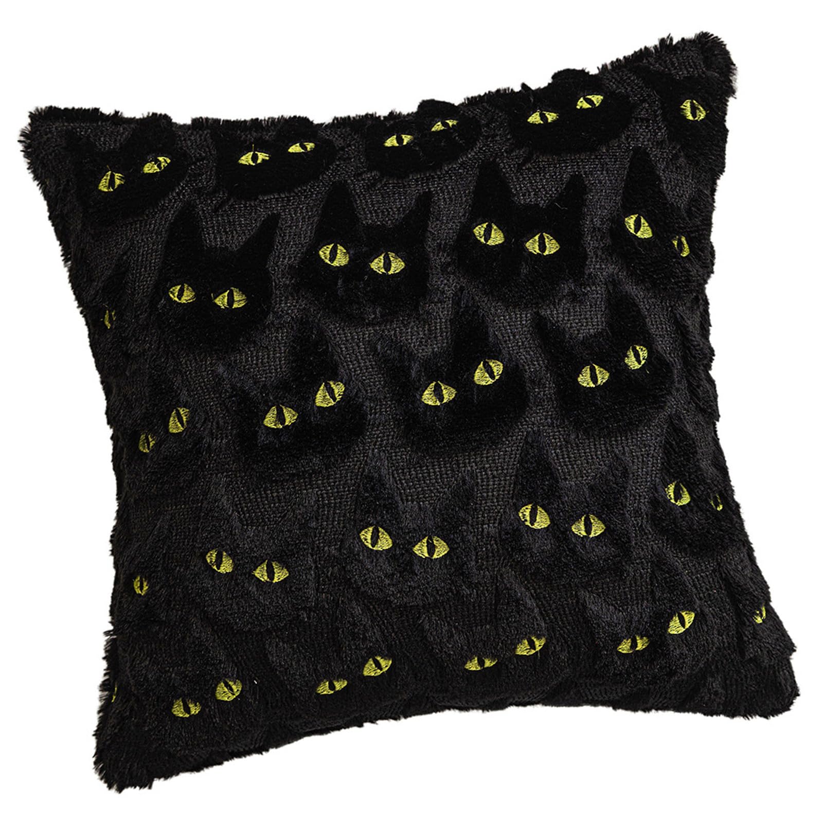 Tsophreniq Tufted Faux Square Cushion Cover with Black Cats Design Halloween Home Party Accent Plush Faux Furs Black Cats Pillowcase