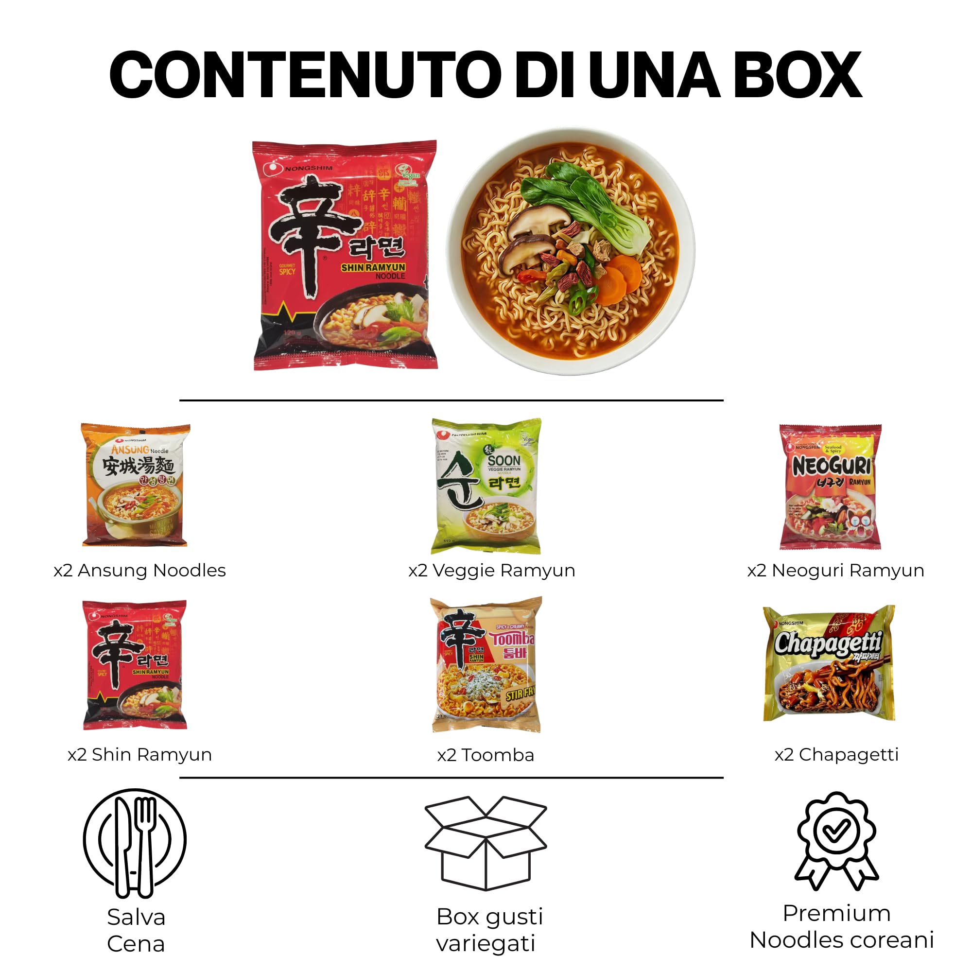 Hu Taste Kit Ramen Coreano 12 Pack - Mix Noodles Istantanei Assortiti: Classico, Piccante, Mare, Veggie, Crema e Pasta Scura - Box Cibo Asiatico Pronto - Set Noodles Ramen Spicy e Gusti Orientali
