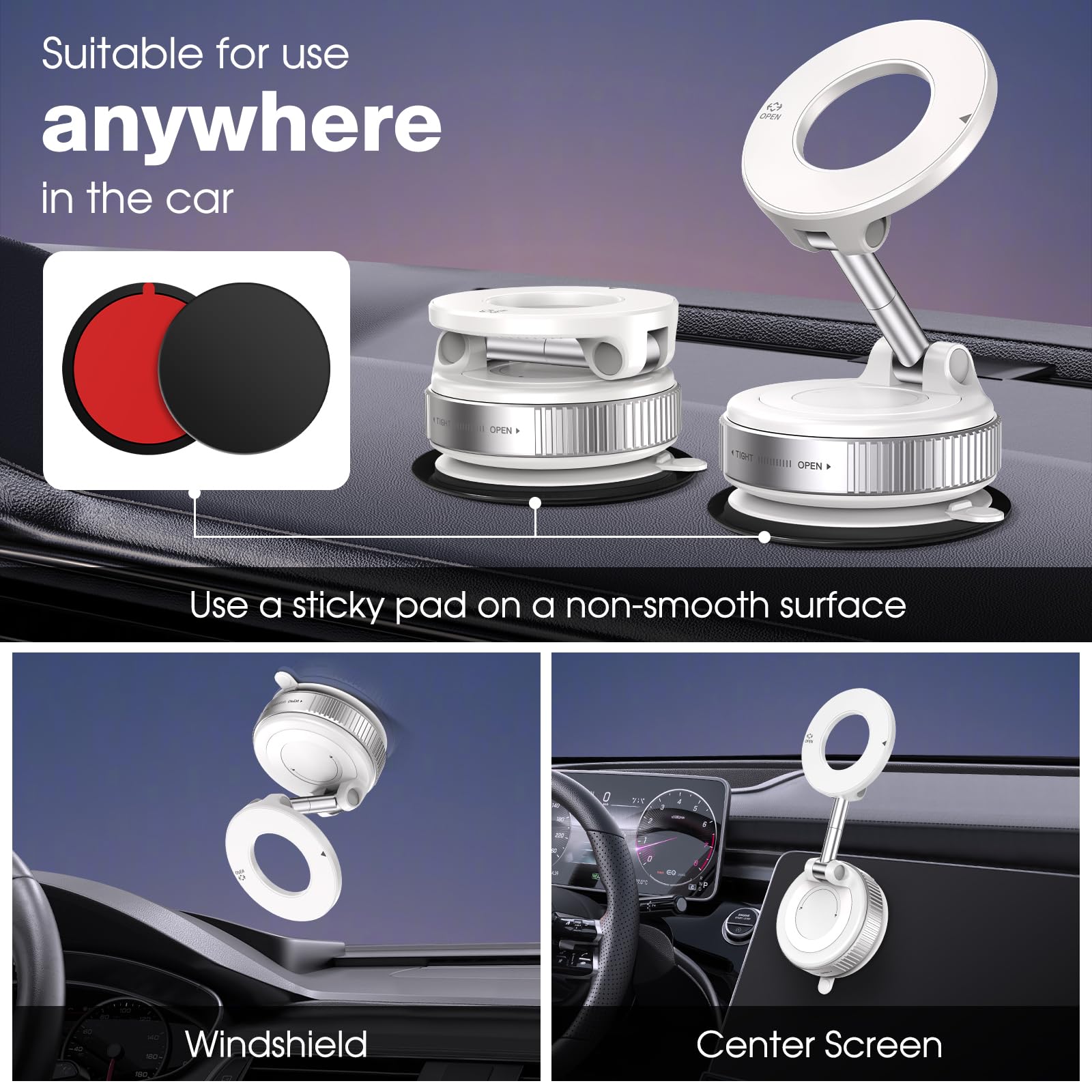 Soporte magnético giratorio de 360° para teléfono, plegable y retráctil, manos libres, ventosa para coche, gimnasio, espejo, superficie lisa, compatible con iPhone Android y todos los smartphones