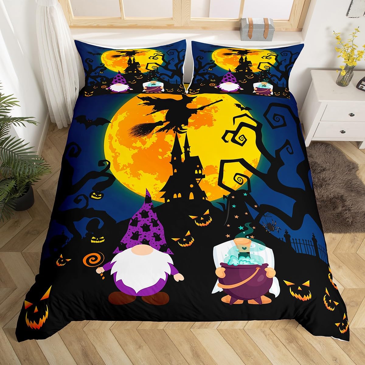 Halloween Gnome Duvet Cover King Pumpkin Lantern Gothic Bedding Set,Black Halloween Tree Dark Shadows Comforter Cover Witch Silhouette Bed Night Blue Moon Castle Halloween Pumpkin Decorations