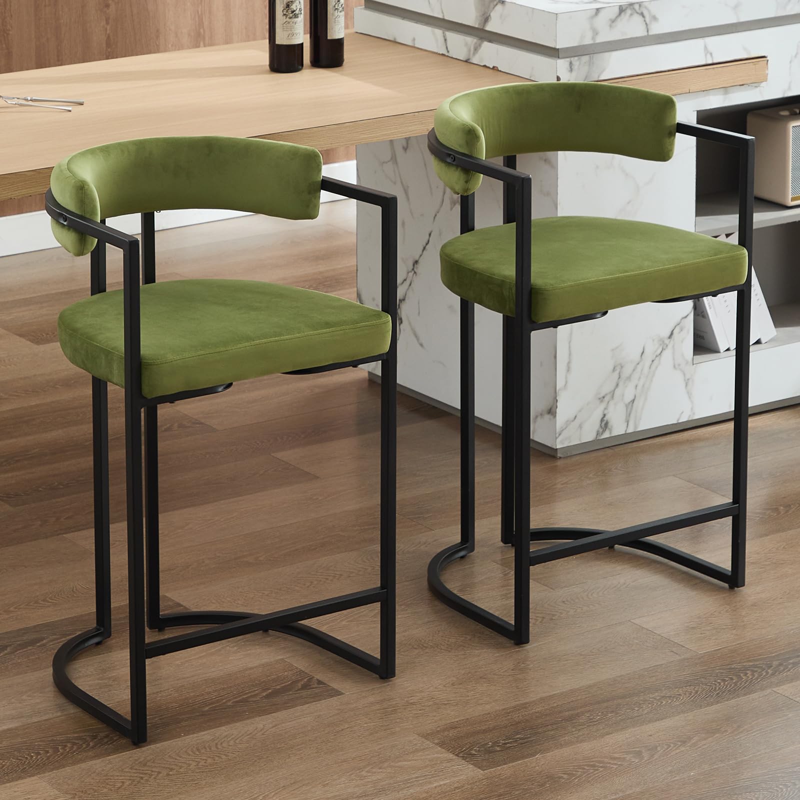 2X Taburetes Altos de Cocina Modernos Sillas Bar de Terciopelo con Respaldo,Taburetes Altos de Mostrador con Patas Metálicas para Isla de Cocina/Restaurante,Verde