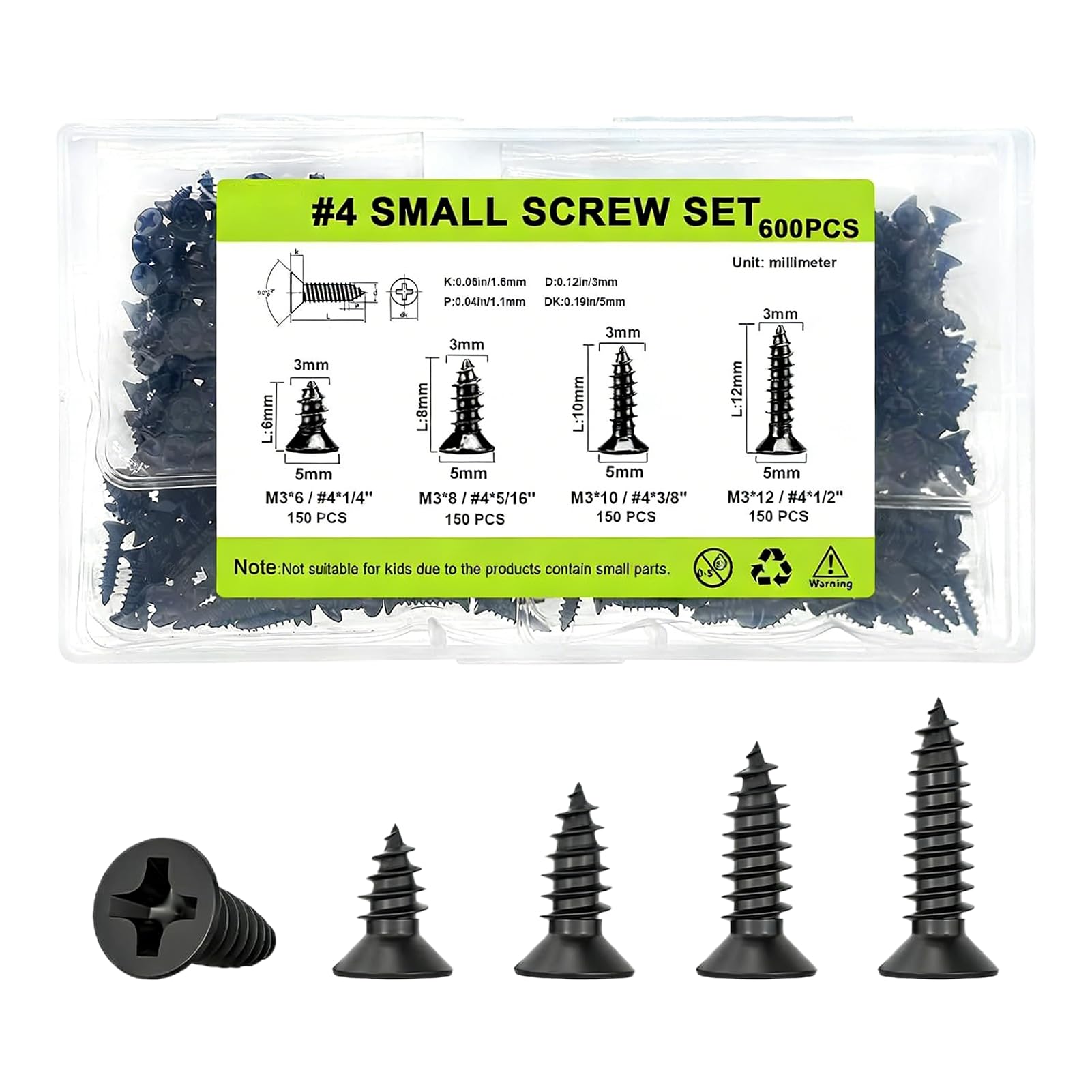 600 PCS Black Screws M3 Carbon Steel Self Tapping Wood Screws,6/8/10/12mm