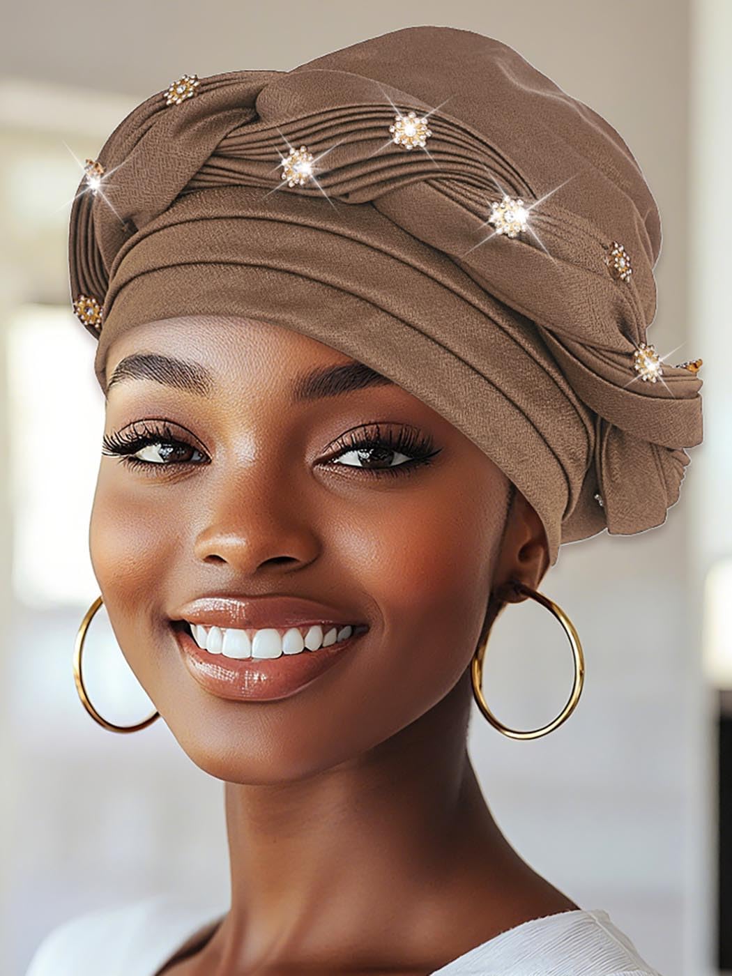 Woeoe Women African Turban Pre-Tied Twisted Beanie Cap Headwear Rhinestone Soft Stretchy Head Turbans - Image 7
