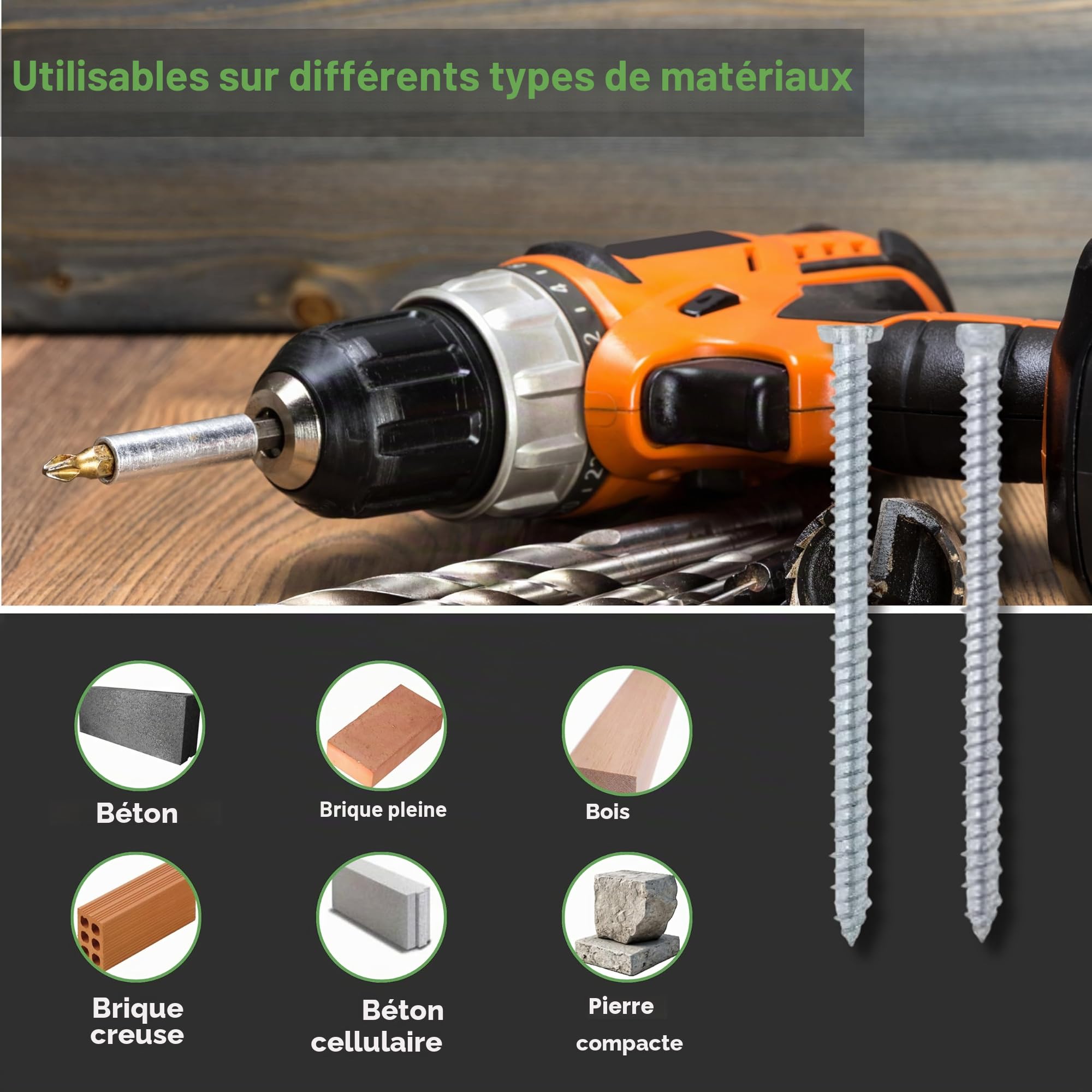 Lot de 100 Vis d'Ancrage Direct pour Béton, Murales Sans Cheville, Empreinte Torx. Turbo pour Ciment - TPS Tête Fraisée 7,5 x 120 mm