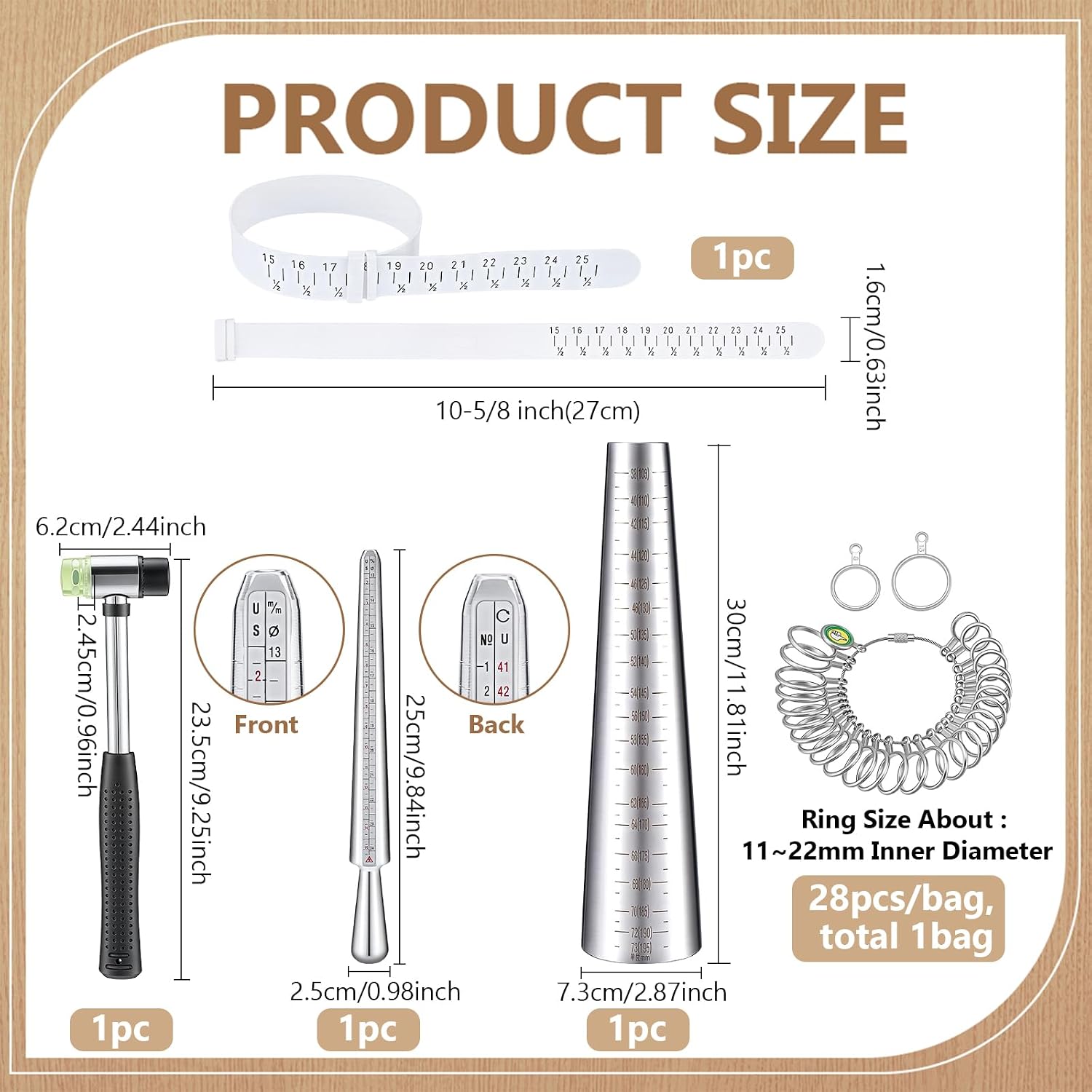 DELORIGIN Ring Bracelet Sizer Measuring Tool Set Rings Gauges with Finger Sizer Mandrel Ring Sizer Tools Jewelry Sizing Measuring with Ring Mandrel, Bracelet Mandrel, Rubber Mallet Hammer, Sizers