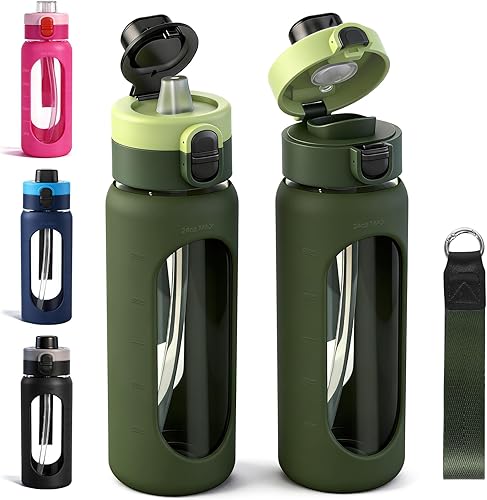 Miniatura 12 de ANOTION Botella de agua de vidrio de 24 onzas, botella de agua deportiva grande con tapa de doble bebida, botellas de vidrio transparente a prueba