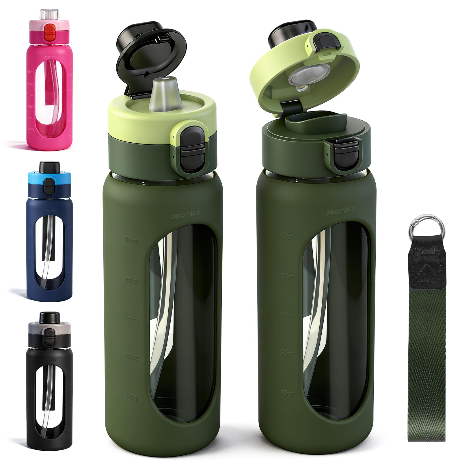 24OZ /700ml Glass Water Bottle, Large Sports Water Bottle with Dual-Drink Lid Clear Leakproof Glass Bottles with Straw, Motivational Jug with Silicone Sleeve and Time Marker for Travel Gym-Green