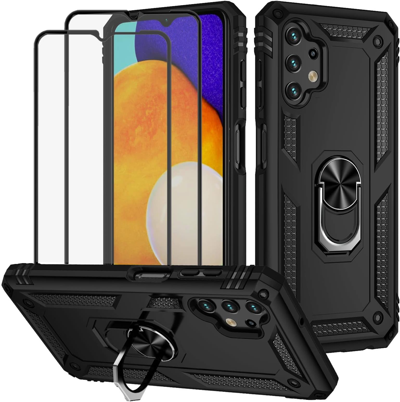 [1+2] Aookay Case for Samsung Galaxy A13 4G with Tempered Glass Screen Protector (2 Pcs) Hybrid Heavy Duty Armor Dual Layer Protective Cover 360-Degree Ring Car Bracket (Samsung Galaxy A13, Black)