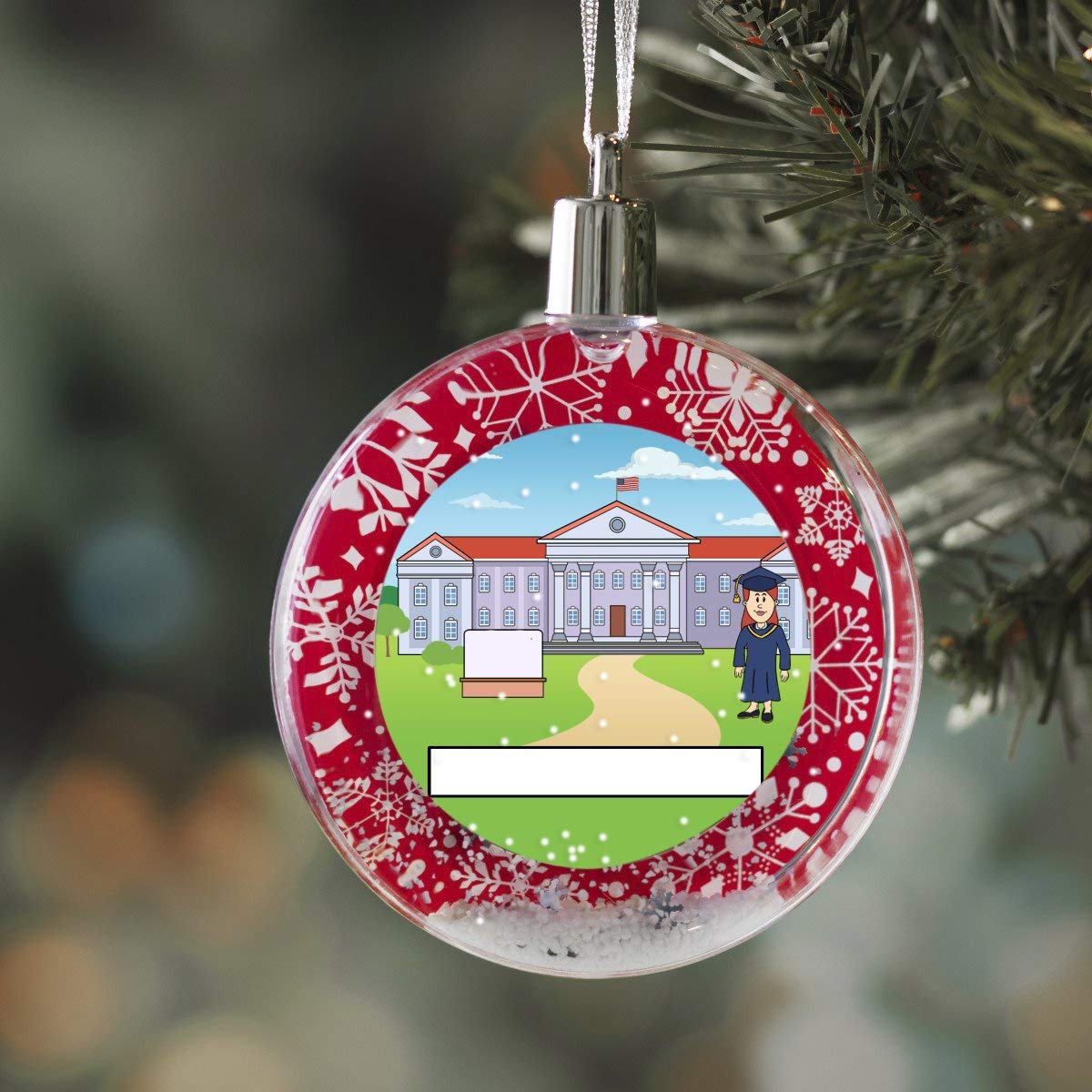 Personalized StoryLine Cartoon Caricature Snow Globe Christmas Ornament: Graduation, Blue Gown - Female