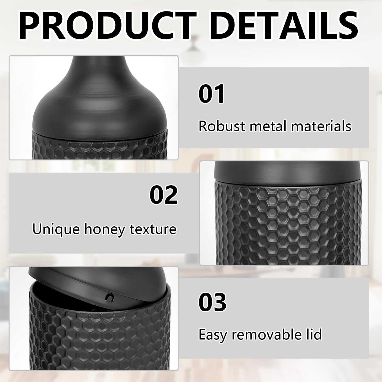 Vaso Grande da Terra Nero, 68/51/41 cm Metallo Vasi da Terra Set di 3, Struttura a Nido d'ape Vasi Decorativi Moderni Extra Vaso Alti da Terra per Camino Corridoio Ufficio Soggiorno