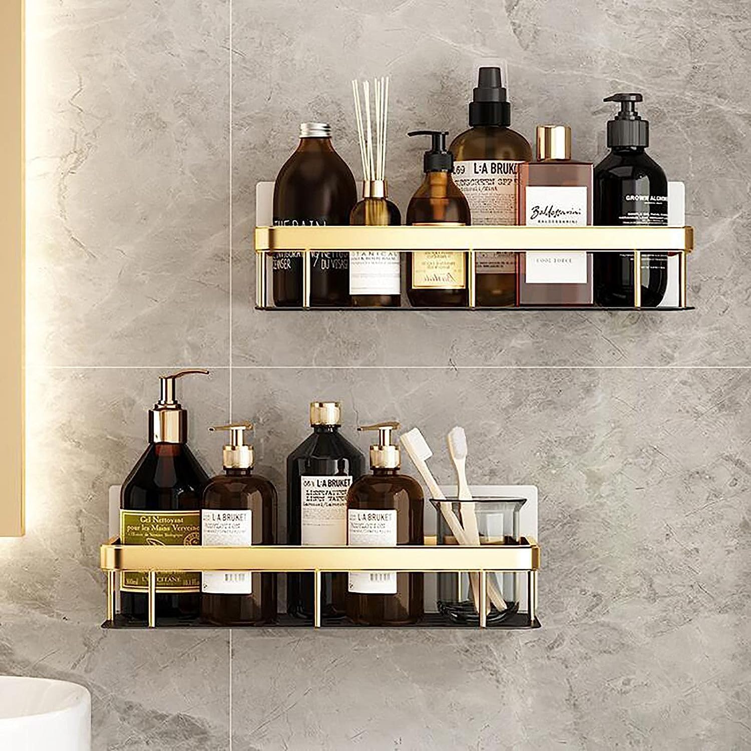 1 Pcs Bathroom Accessories Aluminium Heavy Duty Self Adhesive Bathroom Shelf for Wall, Multipurpose Wall Mounted Bathroom Organiser, Large Capacity Adhesive Bathroom Shelf (Gold) 1