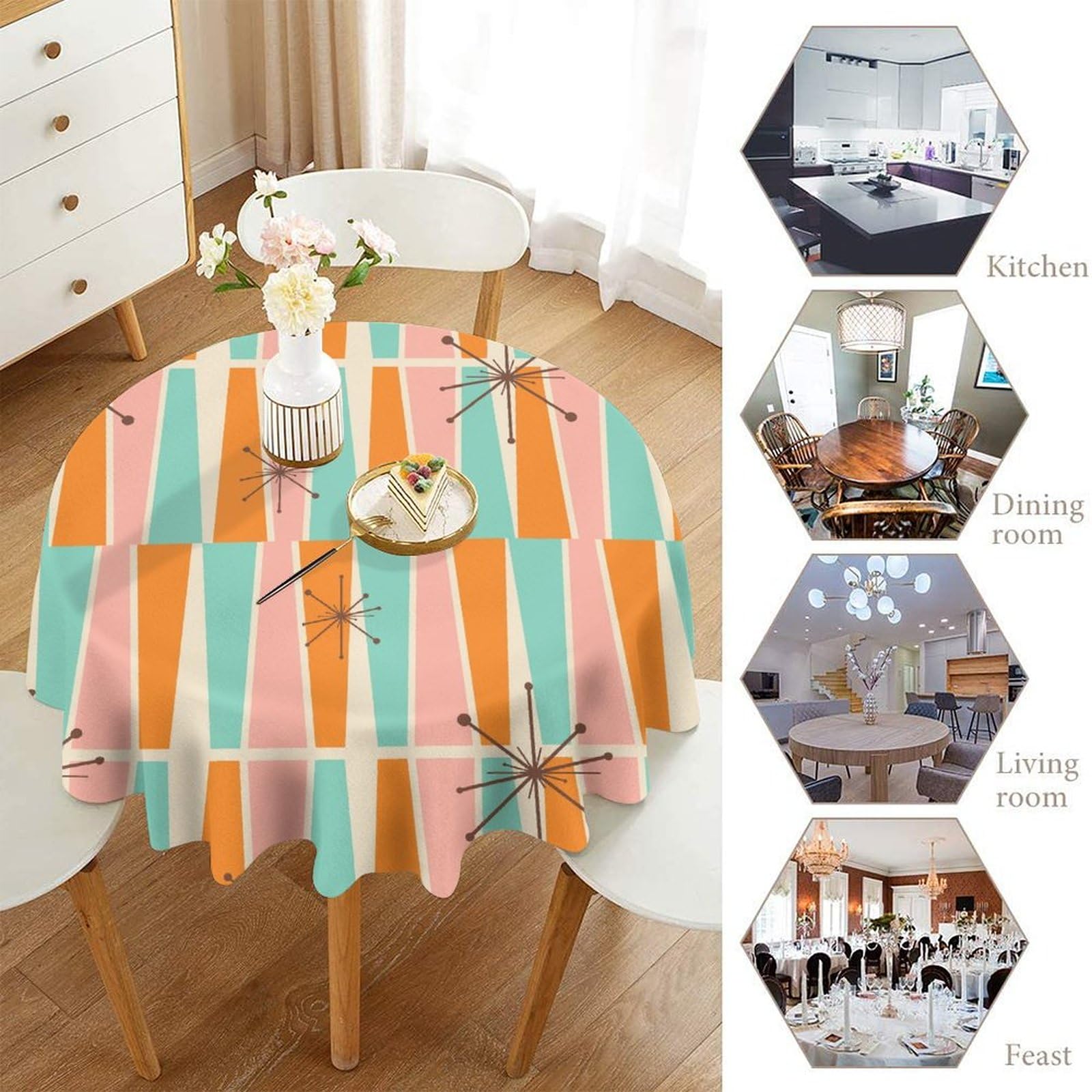 Mid Century Tablecloth – Orange & Black Boho Atomic Pattern – Waterproof Polyester – Great For Parties, Picnics & Holidays