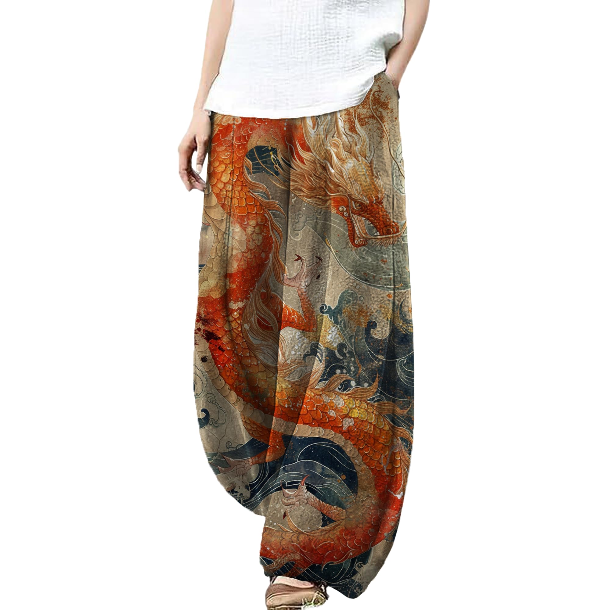 MARSVOVO Palazzo Pants for Women Dressy Elastic Waist Streetwear Hippie Pants Plus Size Casual Fall Harem Wide Leg