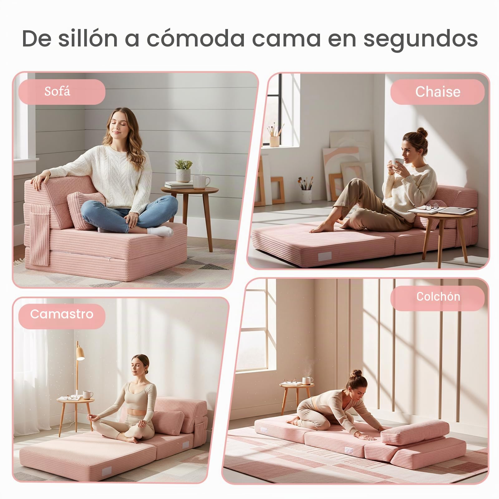 Sofá cama plegable con almohada, silla convertible de pana, cómodo colchón futón para adultos, silla plegable para sala de estar, dormitorio, color rosa