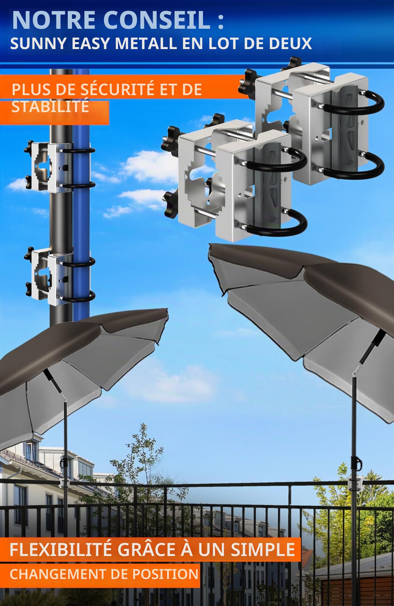4smile Support de parasol SunnyEasy – Support de parasol en acier inoxydable pour balcon, fixation sur rampe