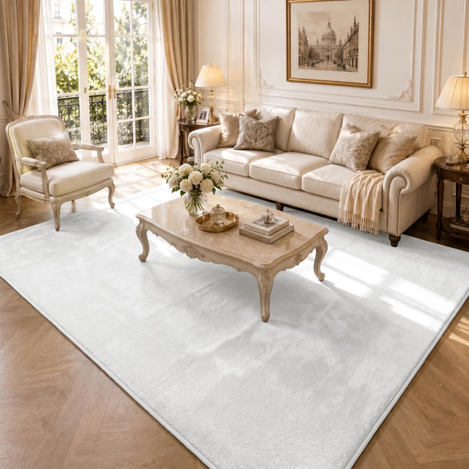 VOUNOT® Alfombra Moderna para Salón 200x300 cm, Pelo Corto Suave y Lavable, con Base y Alfombrilla Antideslizante Doble, para Dormitorio o Habitación, Crema