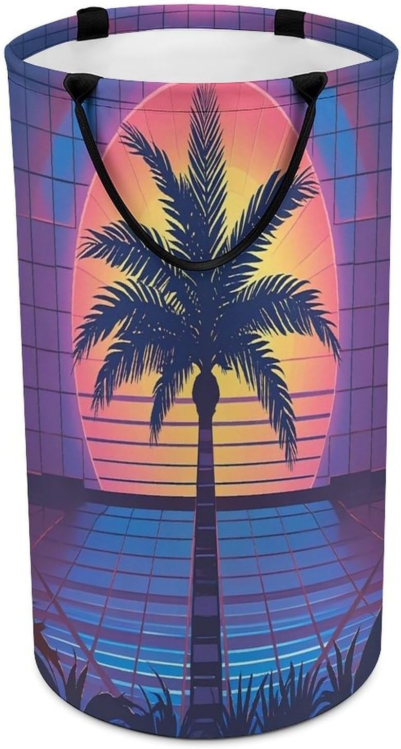 Palm Tree Sun And Grid Laundry Hamper Large Collapsible Laundry Basket with Handles Waterproof Clothes Hamper Portable Dirty Clothes Basket for Bedroom Laundry Room Closet Bathroom
