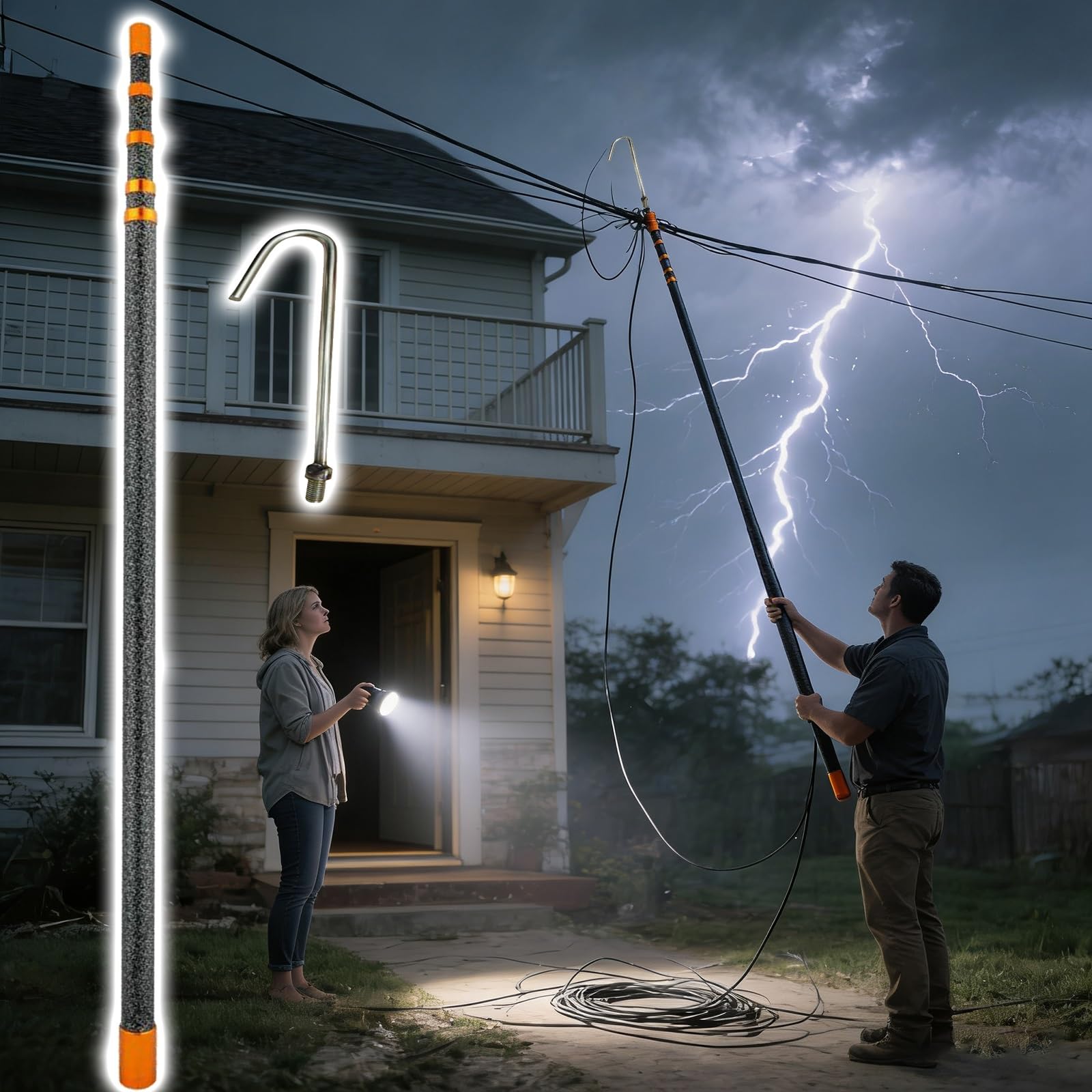 Palo de Soporte de Cable Aislado Varilla de Soporte de Cable eléctrico Aislado Extensible, Estructura de Soporte de línea eléctrica no conductora con Gancho(#4 Hook,4m/13.1 ft)