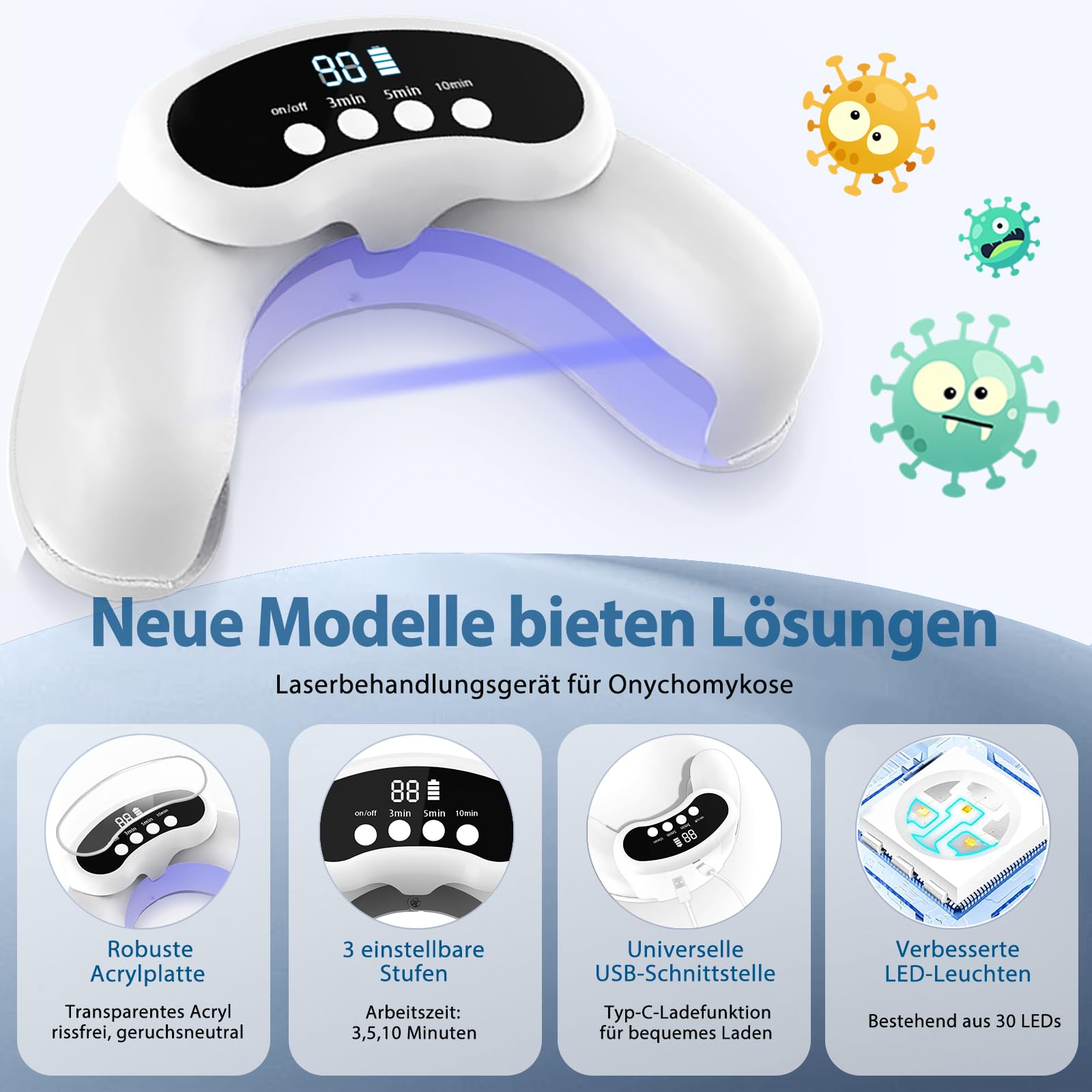 Nagelpilz Lasergerät – Podoclear gegen Nagelpilz verwendet 470 nm blaues Licht und 905 nm Infrarotlicht, faltbares Laser Nagelpilz Behandlungsgerät mit digitaler Anzeige und Zeitfunktion
