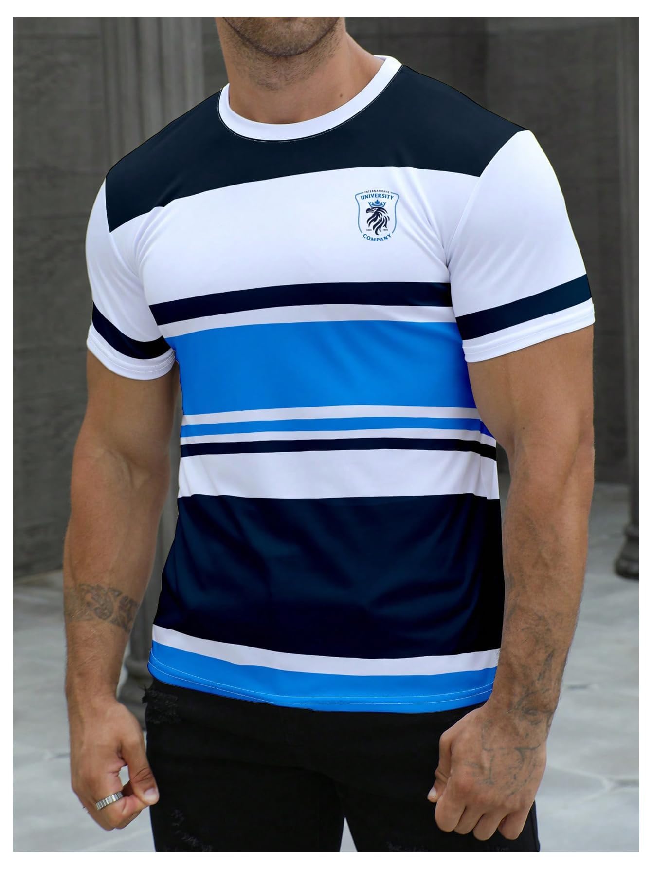 Floerns Camiseta de manga corta con cuello redondo y estampado de rayas para hombre