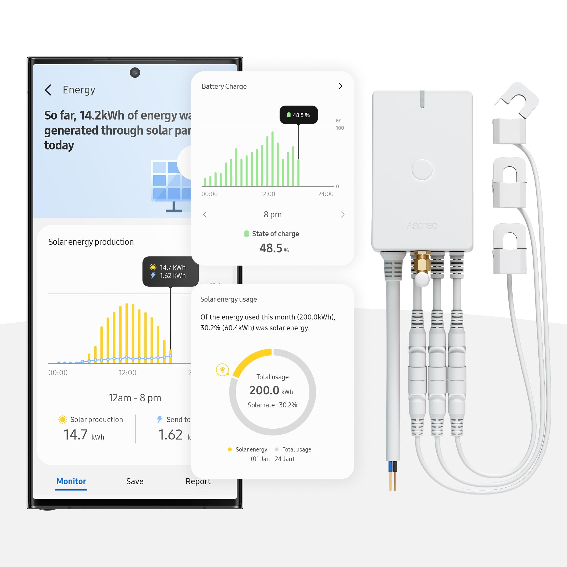 Aeotec Home Energy Meter 8 – Smarter Stromzähler – Echtzeitüberwachung von Verbrauch und Erzeugung – Z-Wave Long Range – 3x60A Stromklemmen – Unterstützt 3-Phasen-Strom – SmartThings – HomeAssistant