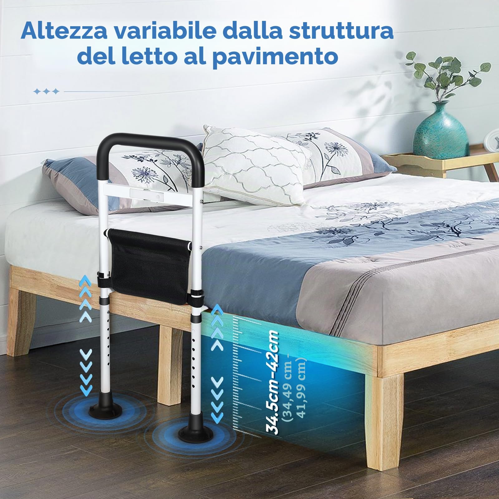 Griglia da letto per adulti anziani con lampada, manico antiscivolo regolabile, telaio in acciaio stabile, facile da installare, custodia per riporre – sicurezza e supporto per anziani