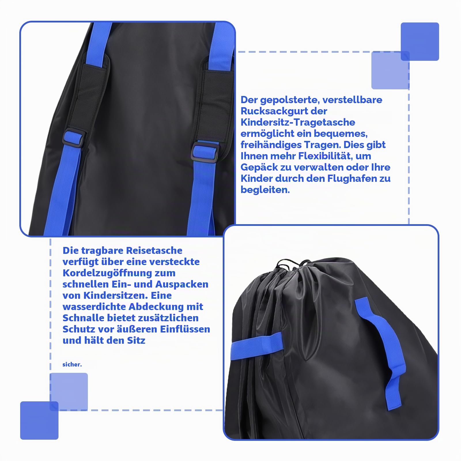 Transporttasche Kindersitz, Gate Check Reisetasche für Flugreisen, Kindersitz Transporttasche, Transportable Reisetasche, für Kinderwagen, Buggy Kindersitz - 85 x 45 x 45 cm - Schwarz + Blau