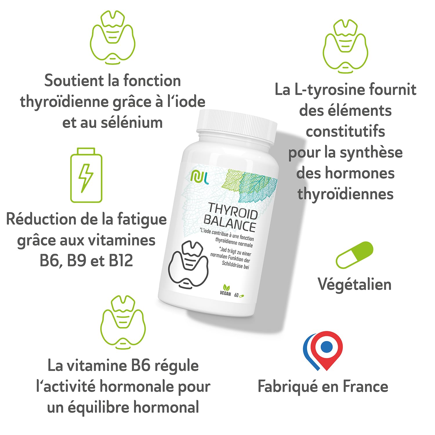 Thyroid Balance - 60 Gélules Végétales - Complément Thyroïde - Soutien Thyroïdien et Équilibre Hormonal - Enrichi en Iode, Sélénium, Zinc - Fabriqué en France - Sans Gluten ni Lactose - Nutri Life
