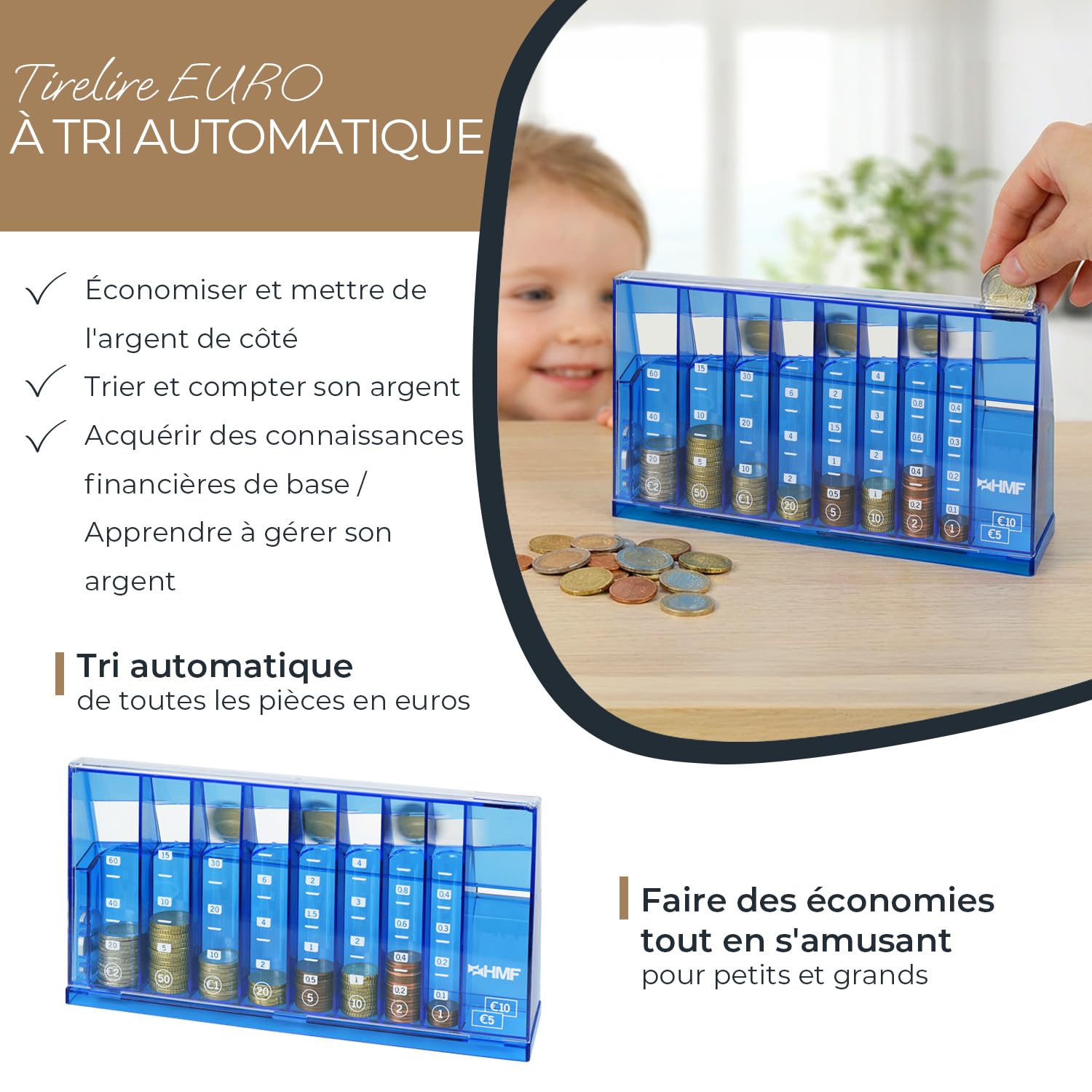 HMF Compteur de pièces avec tri Automatique pour Le Rangement de la Monnaie, trieur de pièces Transparent avec échelle de Valeur, Tirelire pour Enfants | 24 x 12 x 5 cm | Bleu