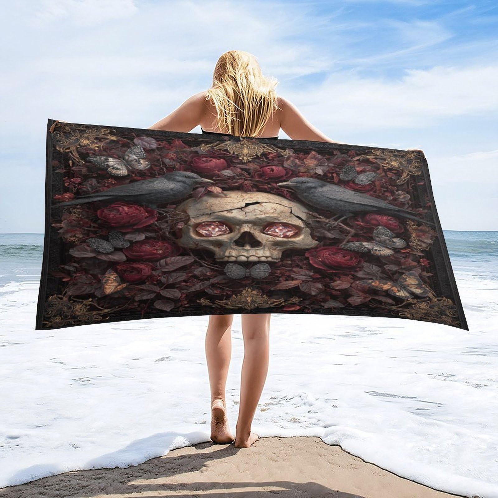 Luyysky Vintage Gothic Skull Skeleton Quick-Drying Beach Towel, Rustic Watercolor Animal Crow Butterfly Plant Red Rose Floral Travel Vacation Single Sided Pile Bathroom Towels-80 W Cm X 160" L Cm