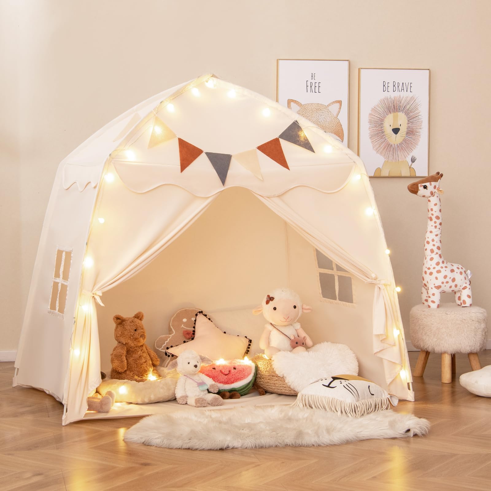 COSTWAY Tenda per Bambini con Luci Fatate, Casetta da Gioco Portatile 157x98x148 cm Beige