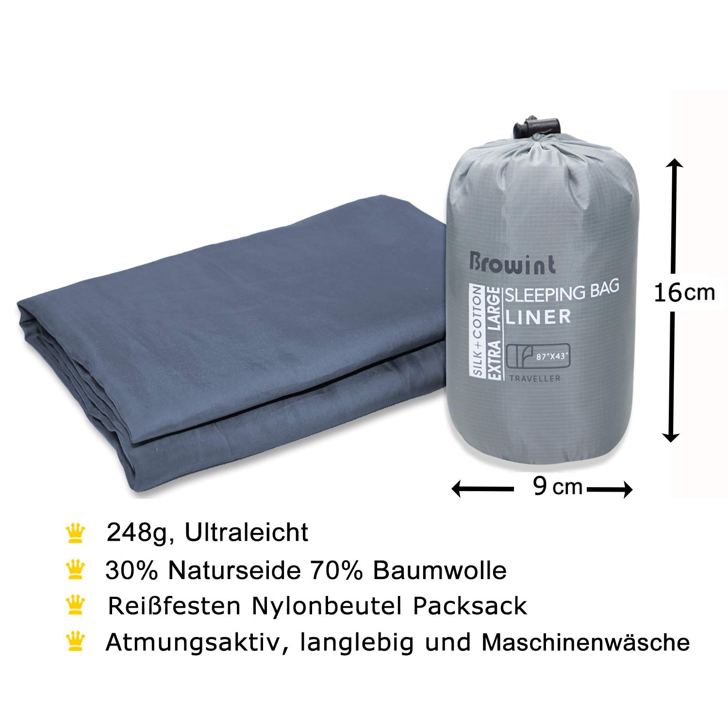 BROWINT Schlafsack Inlett aus Seide/Baumwolle, Reiseschlafsack mit Doppeltem Reißverschluss und Kissenfach, 220cm X 110cm Extrabreite Hüttenschlafsack für Hostels, Lnlay Leicht, Kompakt & Atmungsaktiv
