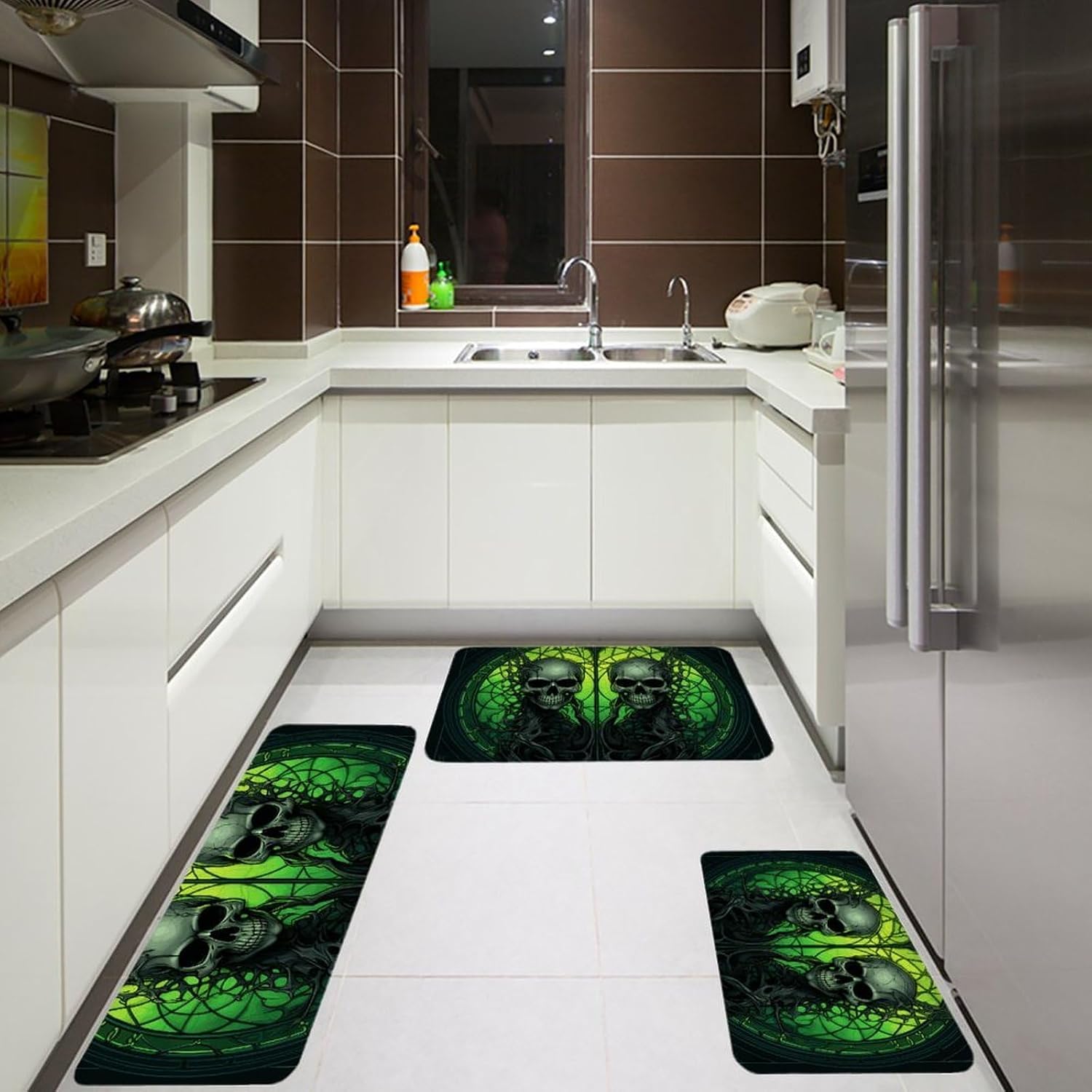 Horrifying Green Skull Kitchen Mats for Floor 3 Pcs Kitchen Rugs