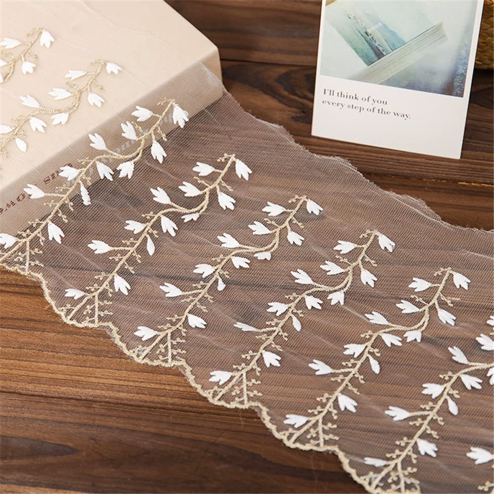 10 yards 18 cm de large Dentelle brodée dorée et blanche en tulle, ruban en dentelle, bordure en dentelle, bordure décorative en mousseline de soie, tissu vendu au mètre, pour la couture