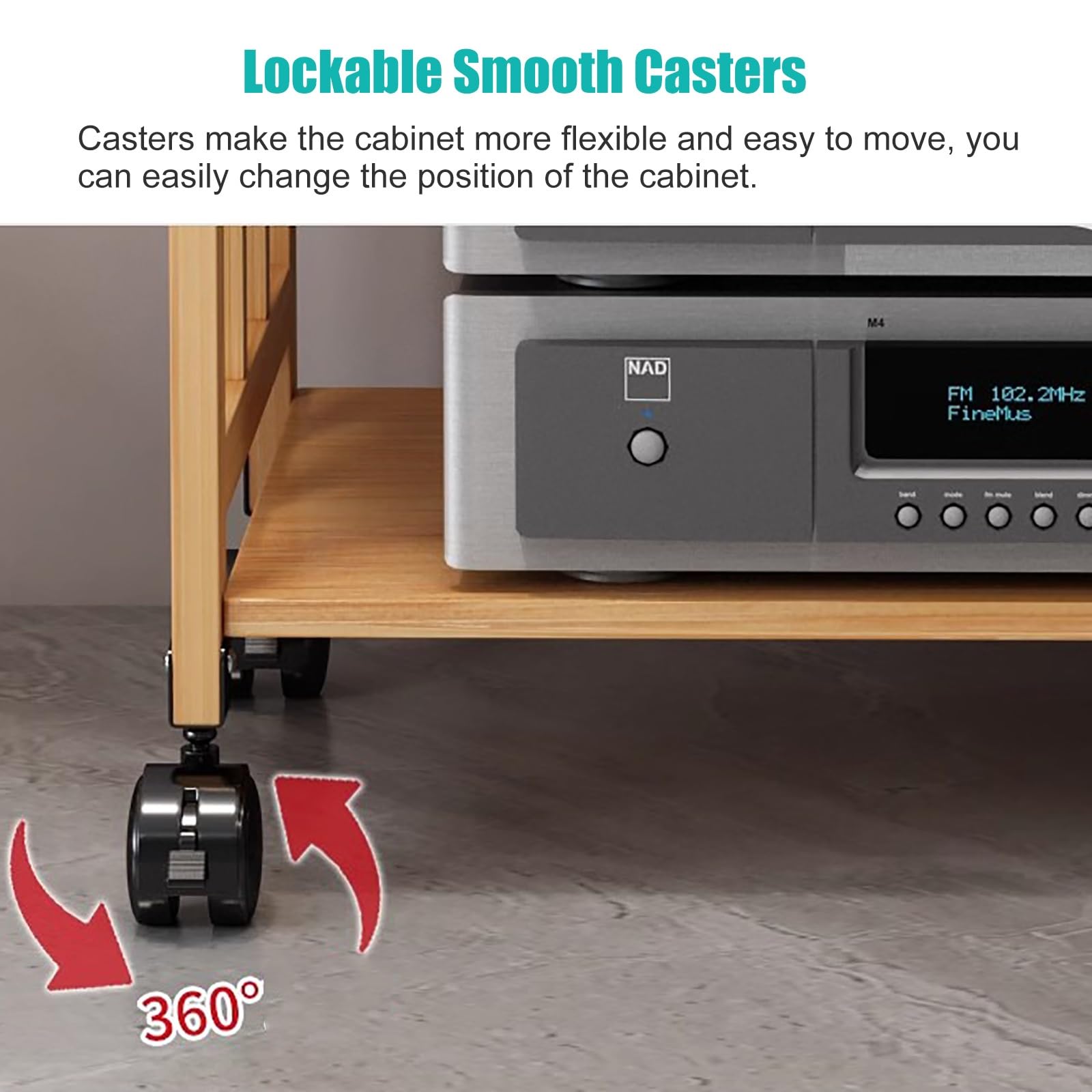Supporto audio regolabile in bambù su ruote, elegante supporto e contenitore in vinile per componenti stereo, mobili Hi-Fi per apparecchiature audio/video, design funzionale e salvaspazio
