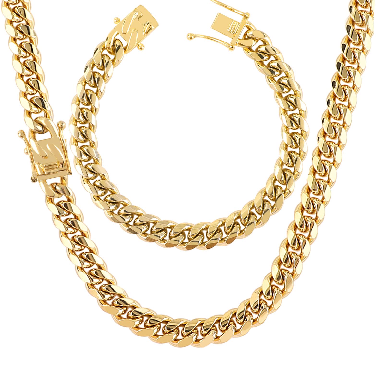 putouzip Miami Cuban Link Chain Set For Men 18K Gold Plated Stainless Steel 10/12mm Curb Bracelet Necklace Diamond Chains