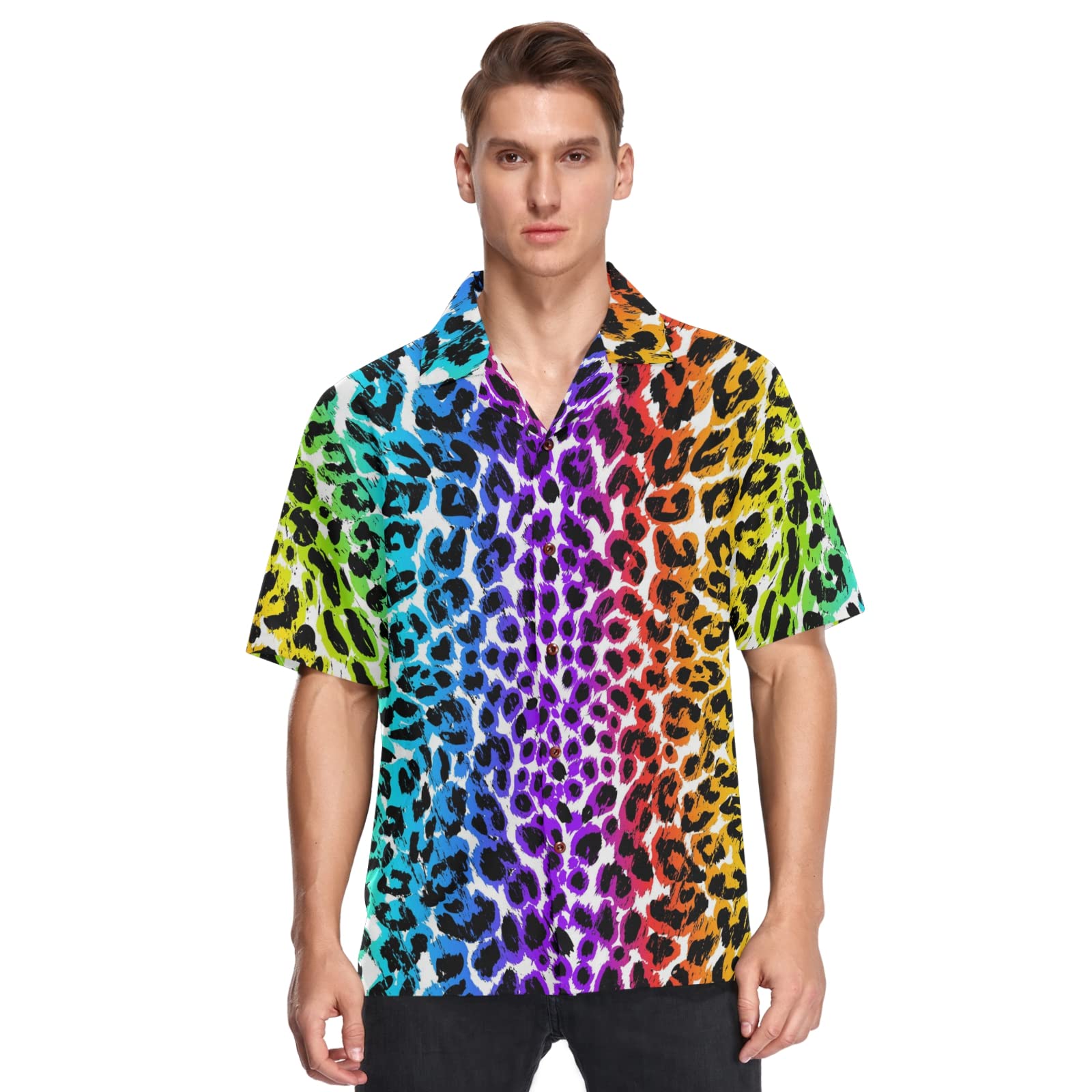 Men's Hawaiian Shirts Rainbow Striped Short Sleeve Beach Shirt