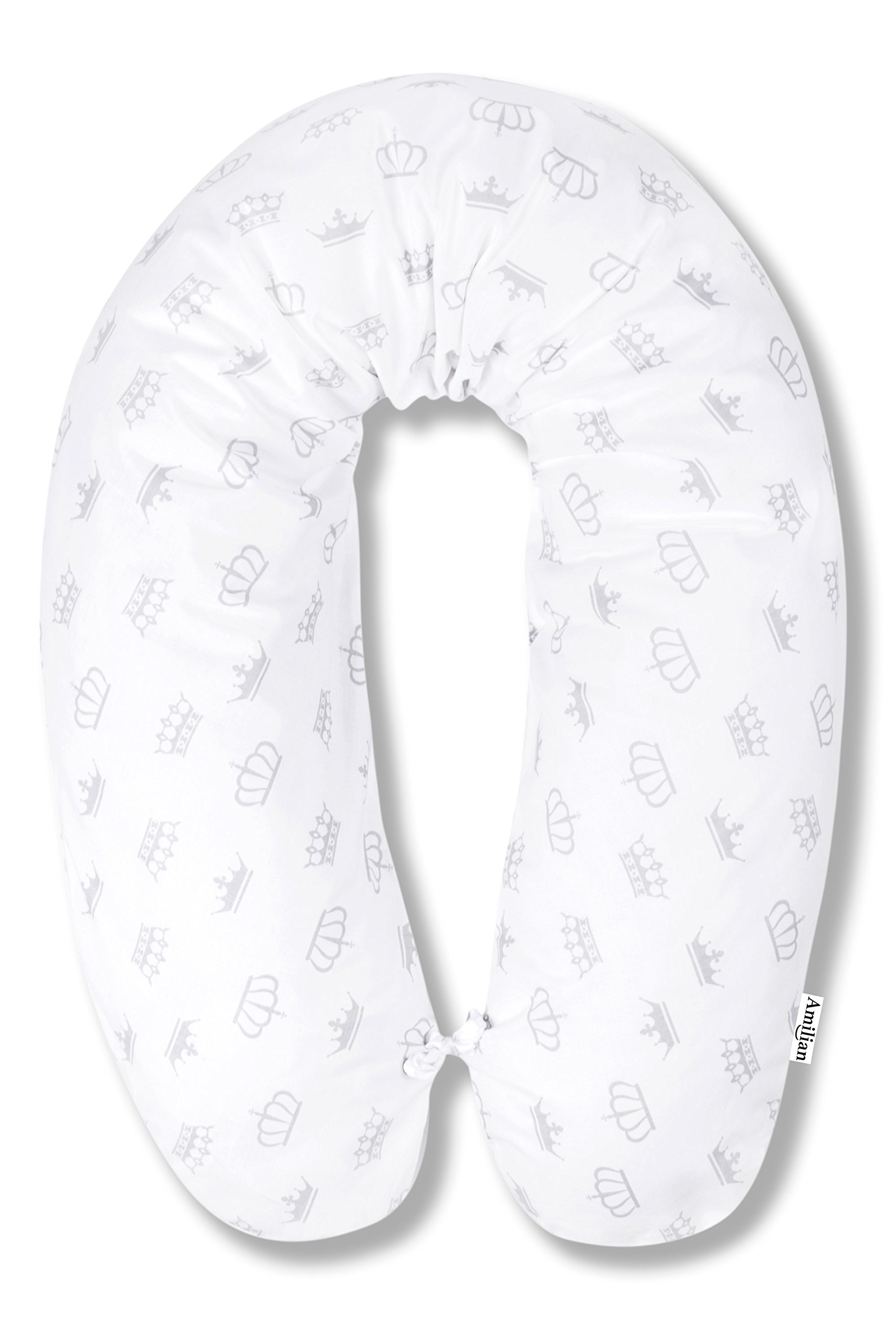 Amilian® Plush Filled Baby Breast Feeding Pillow Cushion Nursing Maternity Pregnancy Universal Use For Neck/Back Support 100% hypo-Allergenic Crown Print White + Removable 100% Cotton Cover XXL 170 cm