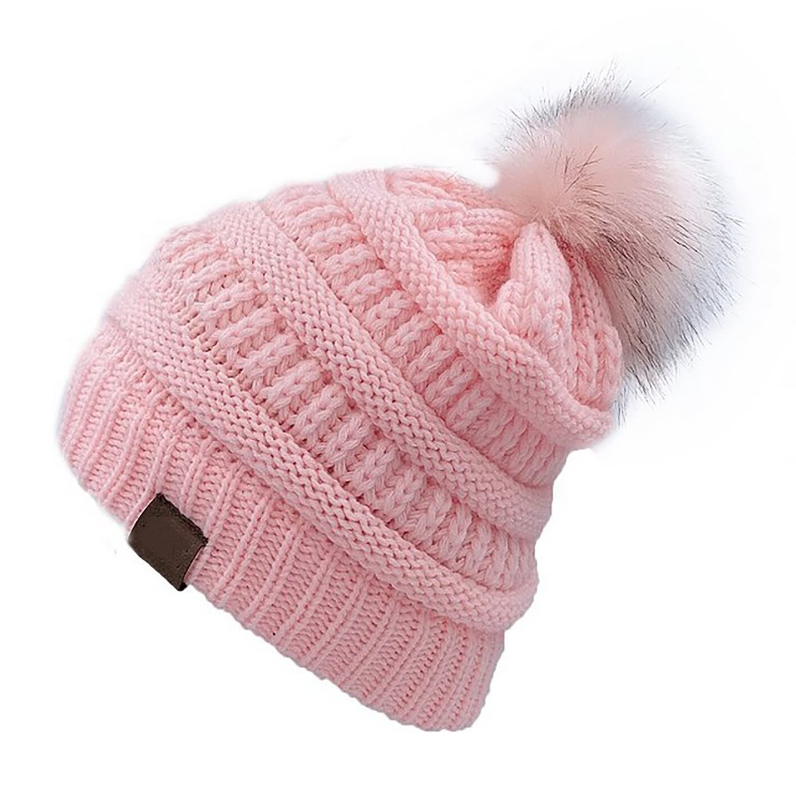 Gorros de Invierno, Gorro de Punto con pompón para Mujer, Gorro de Invierno con pompón de Piel sintética, Gorro Holgado, Talla única(Pink-One Size)