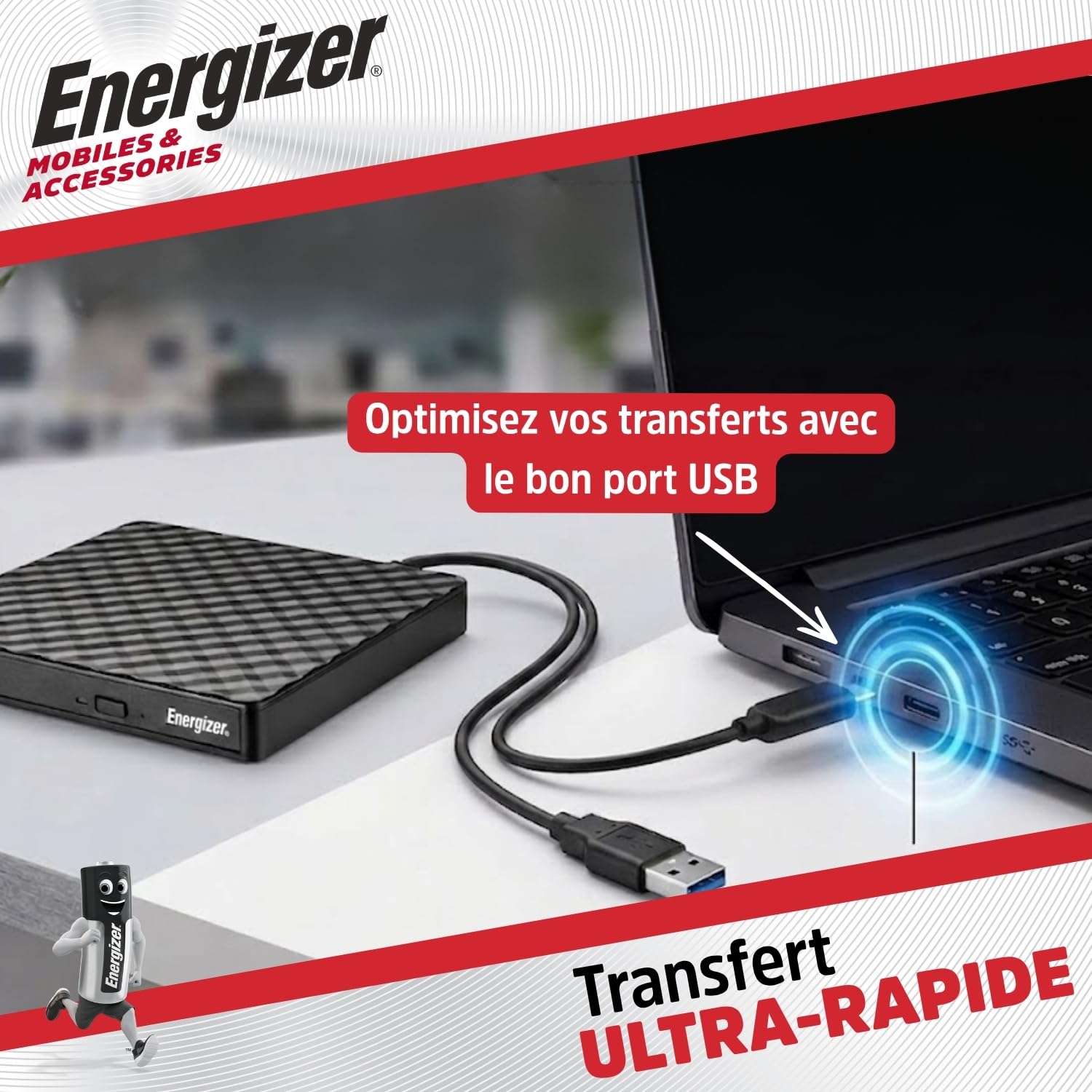 Energizer - Lecteur Graveur DVD Externe USB 3.0 & Type-C - Haute Vitesse 5Gbps - Plug & Play pour PC, MacBook & Windows - Compatible CD-RW, DVD±RW - Design Fin & Noir