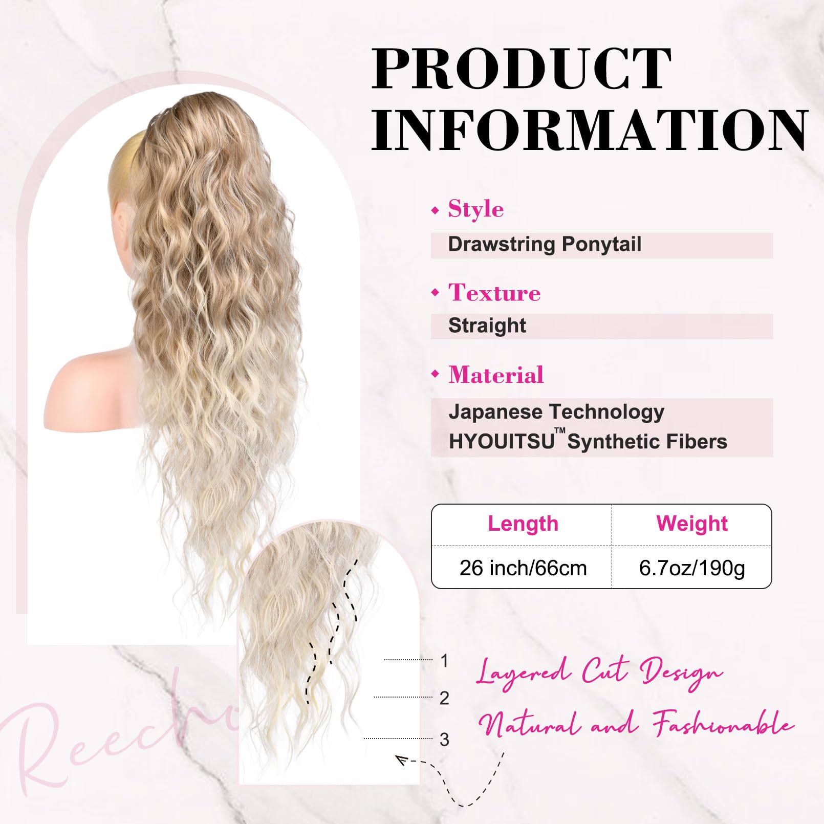 REECHO Ponytail Extension, 26" Long Beach Wave Drawstring Pony Hair Extension Synthetic Pony Tail Hairpiece for Women - Image 2