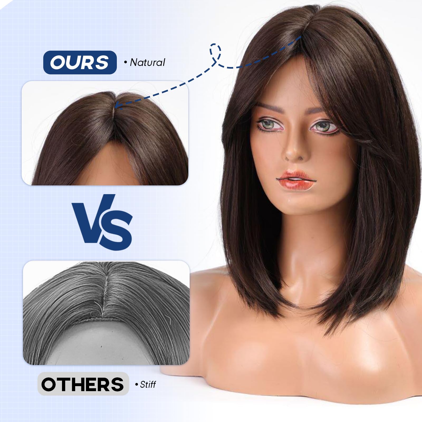 HAIRCUBE Damen Perücke 16 Zoll Dunkelbraun Synthetische Perücke mit Bangs Welle für Täglich und Cosplay