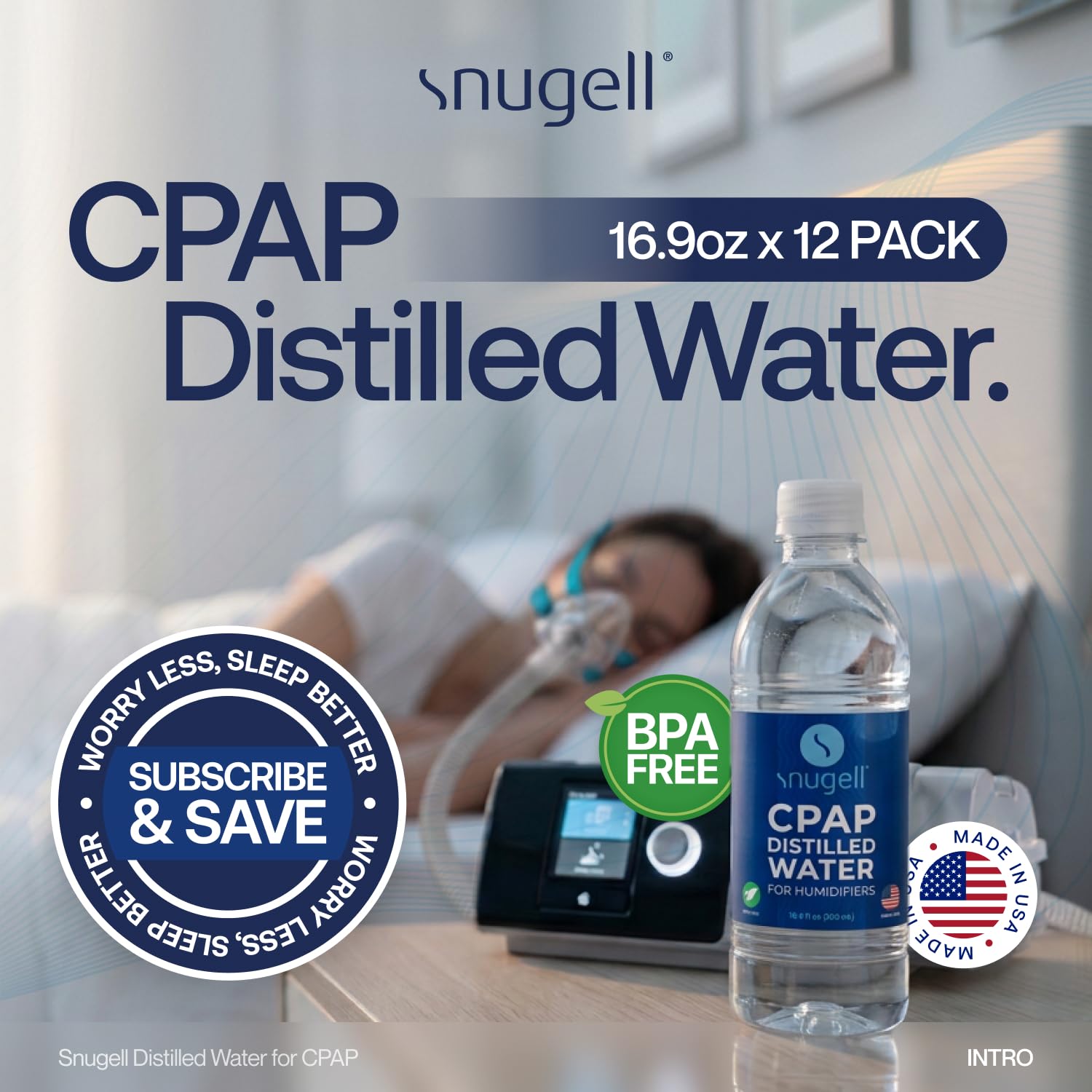Snugell Agua destilada para humidificadores CPAP | Paquete de 12 botellas 16.9 oz H20 | Apto para viajes | 16.9oz H2O | Fabricado en Estados Unidos |