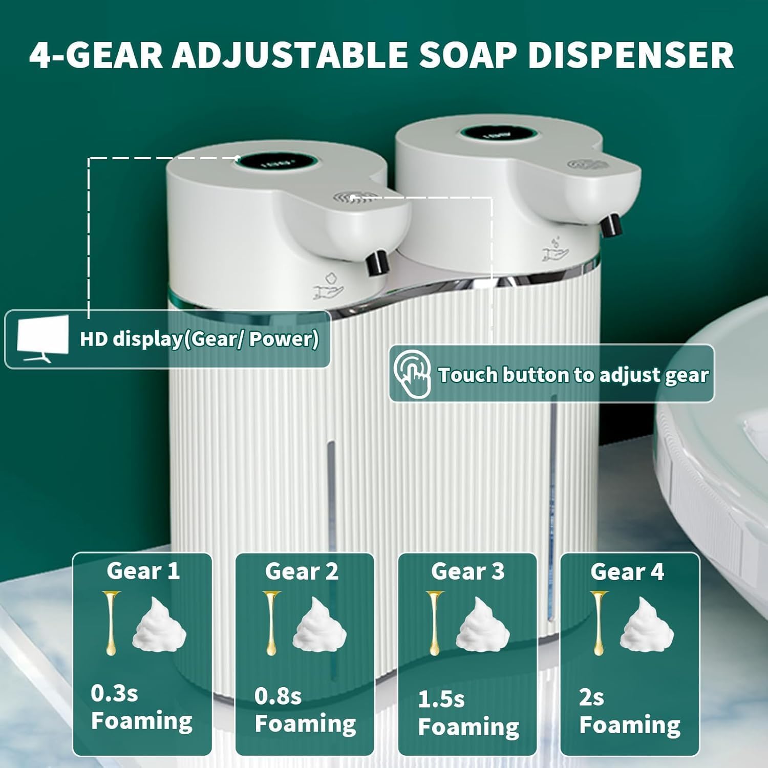 Dispenser automatico di sapone doppio Touchless Schiuma Dispenser di sapone liquido 4 livelli regolabile Smart Soap Dispenser per bagno Cucina Ufficio Hotel Sapone per piatti