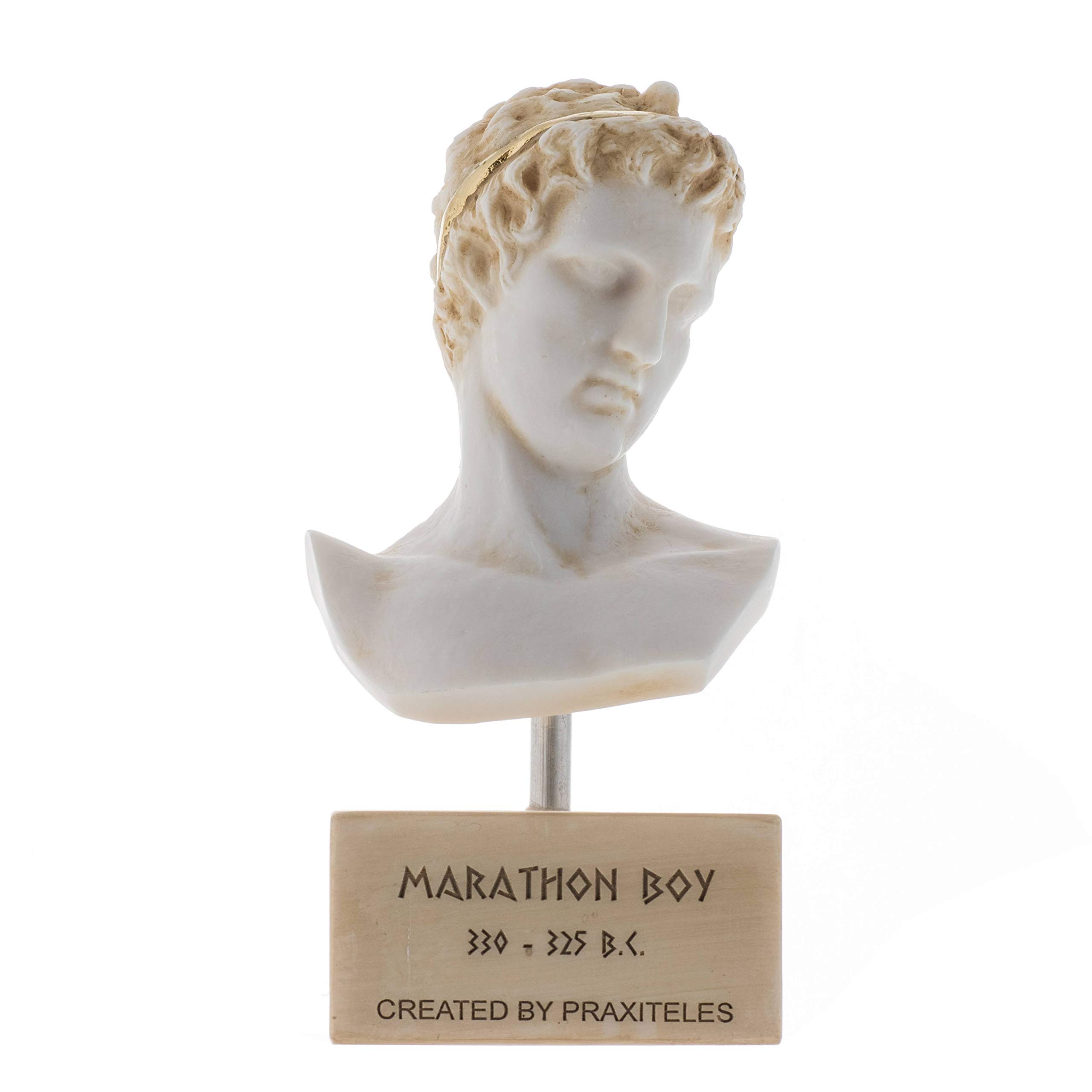 Beautifulgreekstatues Boys Gold Marathon Ephebe Of Marathon Athlete Alabaster Statue Bust Tone Marble Base 7.5''