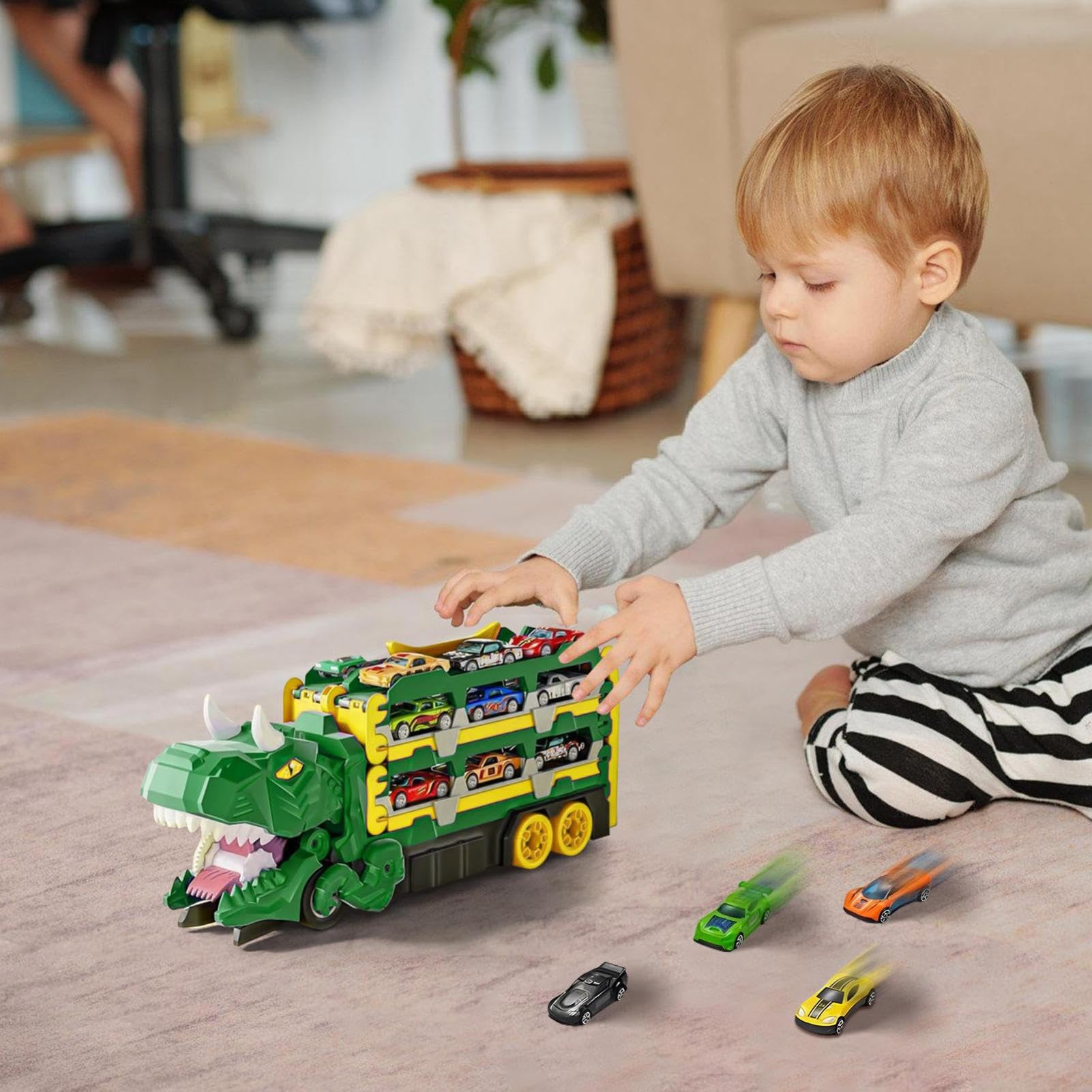 Dinosaur Truck Toy, Dinosaur Transport Truck Składana ciężarówka | Hauler Transform Race Track Pojazdów z 18 samochodami na urodziny