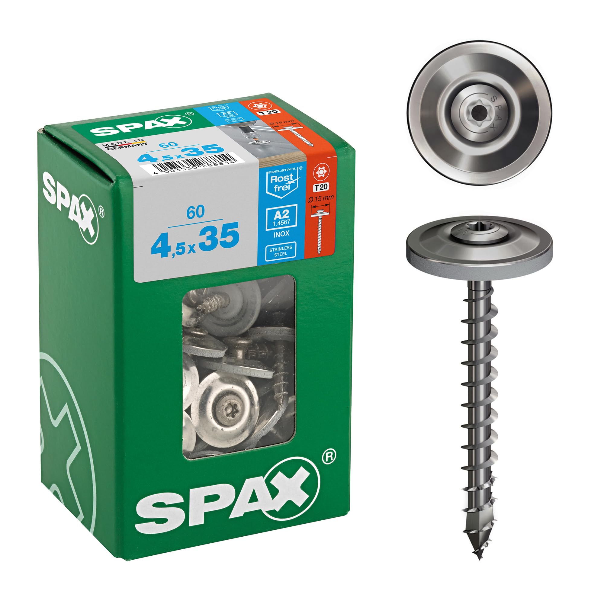 SPAX Spenglerschraube, 4,5 x 35 mm, 60 Stück, Vollgewinde, Linsensenkkopf, T-STAR plus T20, 4CUT, Edelstahl rostfrei A2, Dichtscheibe 15mm - 4587000450357