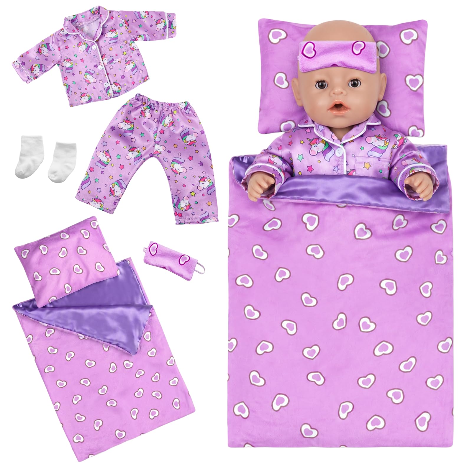 6 Pcs Baby Doll Clothes Pajamas for 14-18 Inch Dolls, Purple Pony Doll Clothes Outfits with 1 Sleeping Bag 1 Eye Patch 1 Pajamas Set 1 Pillow 1 Socks for 35-45cm Doll Accessories for Kids Birthday