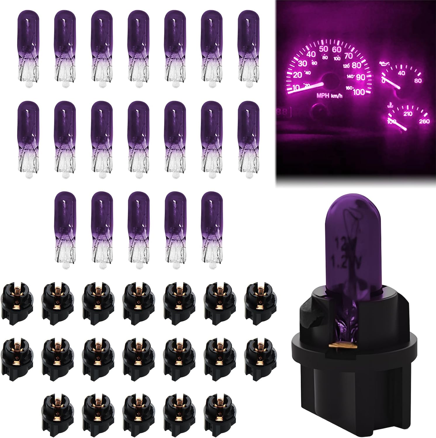 20PCS T5 17 57 79 86 Halogen Instrument Cluster Bulb Kits, 12V Car Dashboard Bulb with T5 Sockets, Lighting Replacement Accessories for Interior Speedometer, Tachometer, Dashboard (Purple)